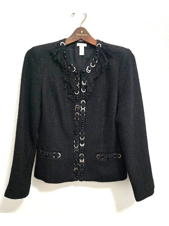Chico's Jackets & Blazers - Chicos Size 0 Black Textured Prena Jacket With Beaded & Metal Ring